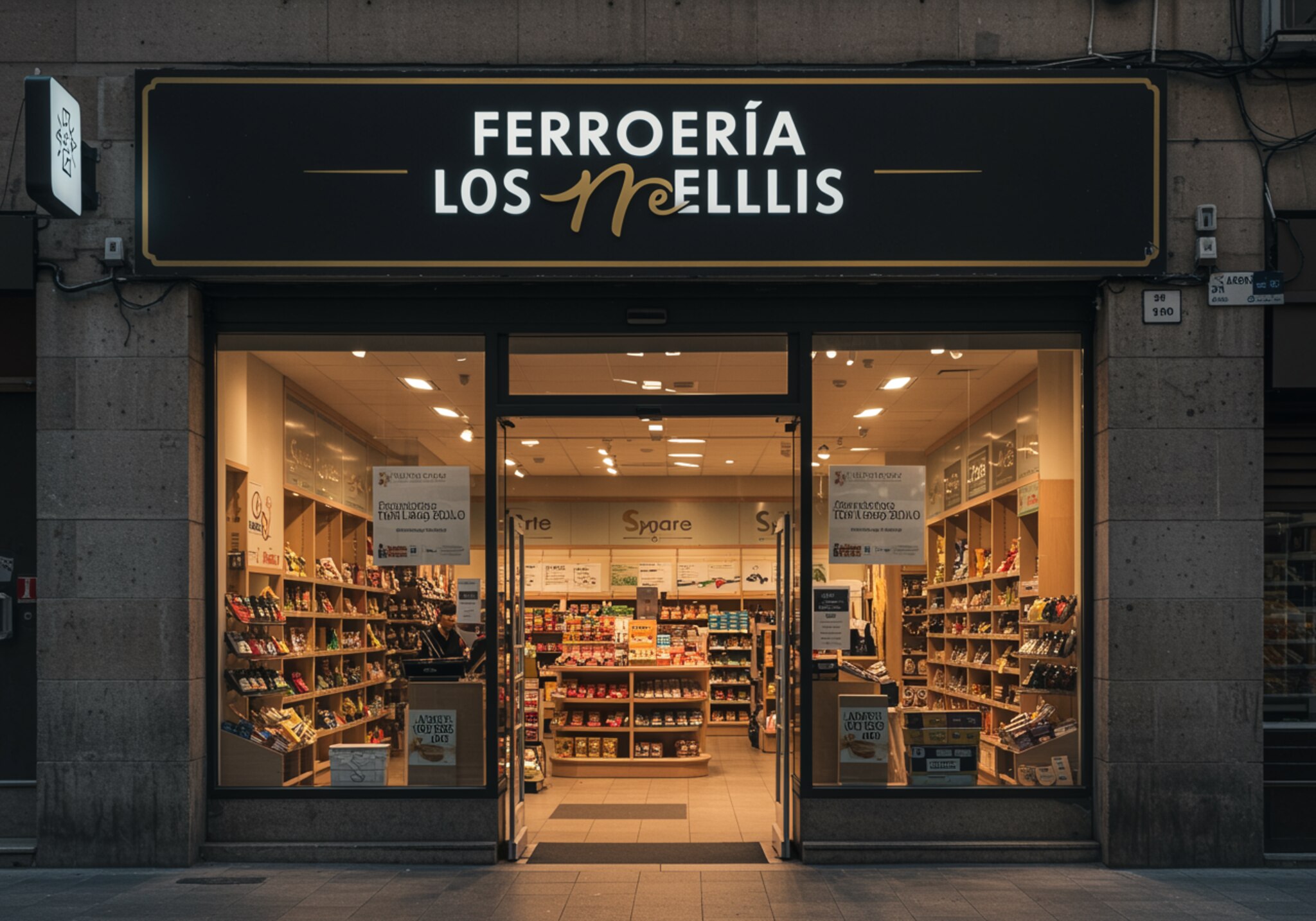 "Fachada de Ferretería Los Mellis con grandes ventanales y letrero claro, mostrando un ambiente acogedor y luminoso."