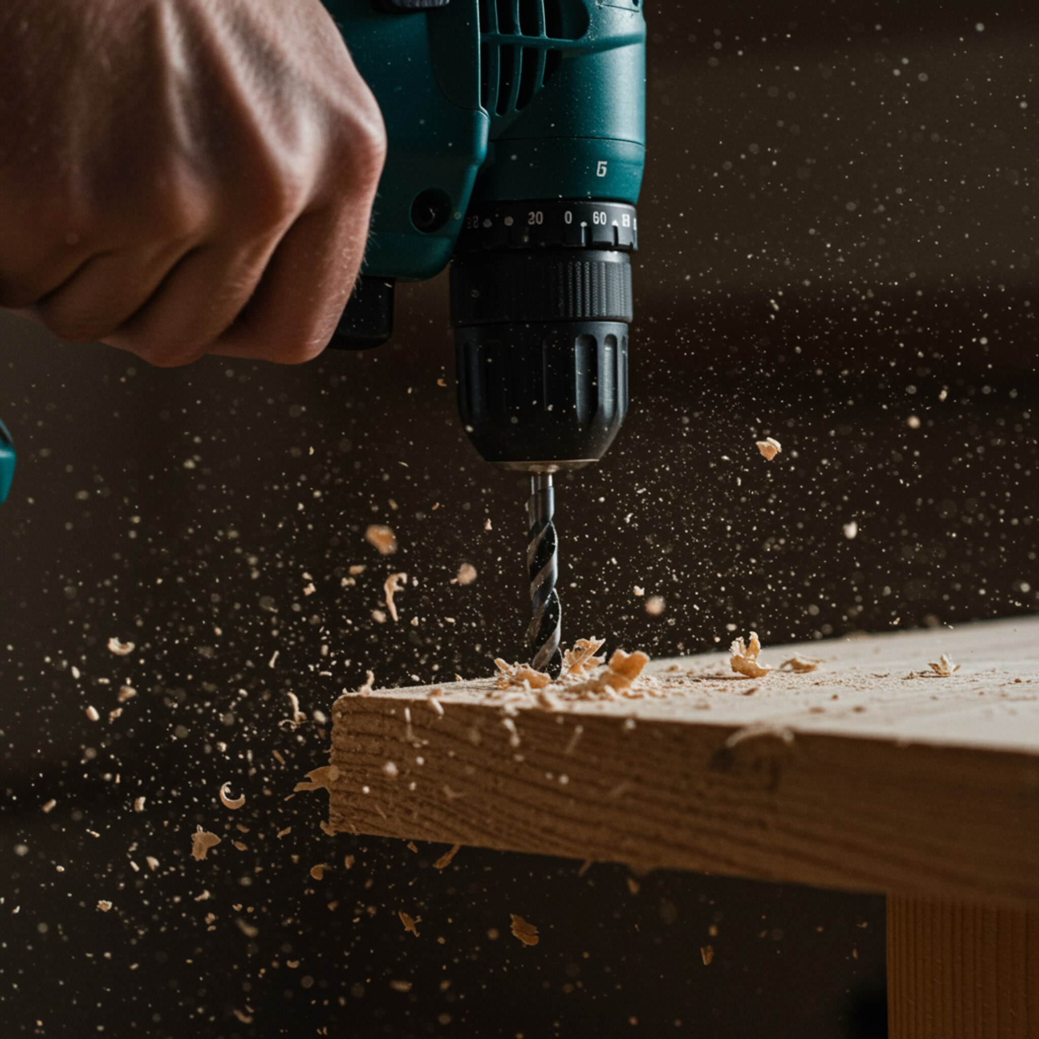 "Taladro eléctrico en acción perforando madera con virutas volando, imagen de alta definición y realismo fotográfico."