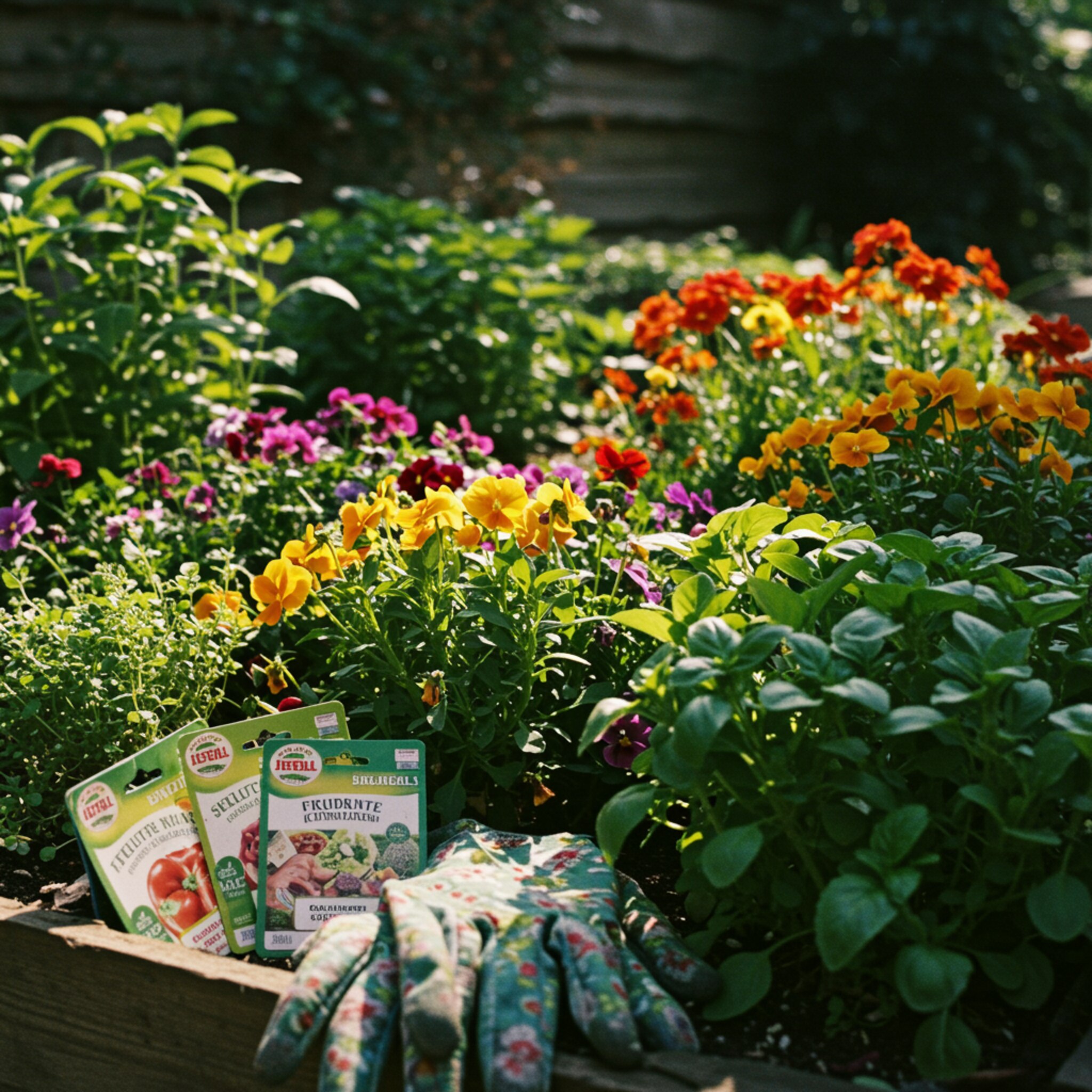 "Jardín vibrante con flores coloridas y hierbas frescas, acompañado de paquetes de semillas y guantes de jardinería en una escena iluminada y fotorealista."