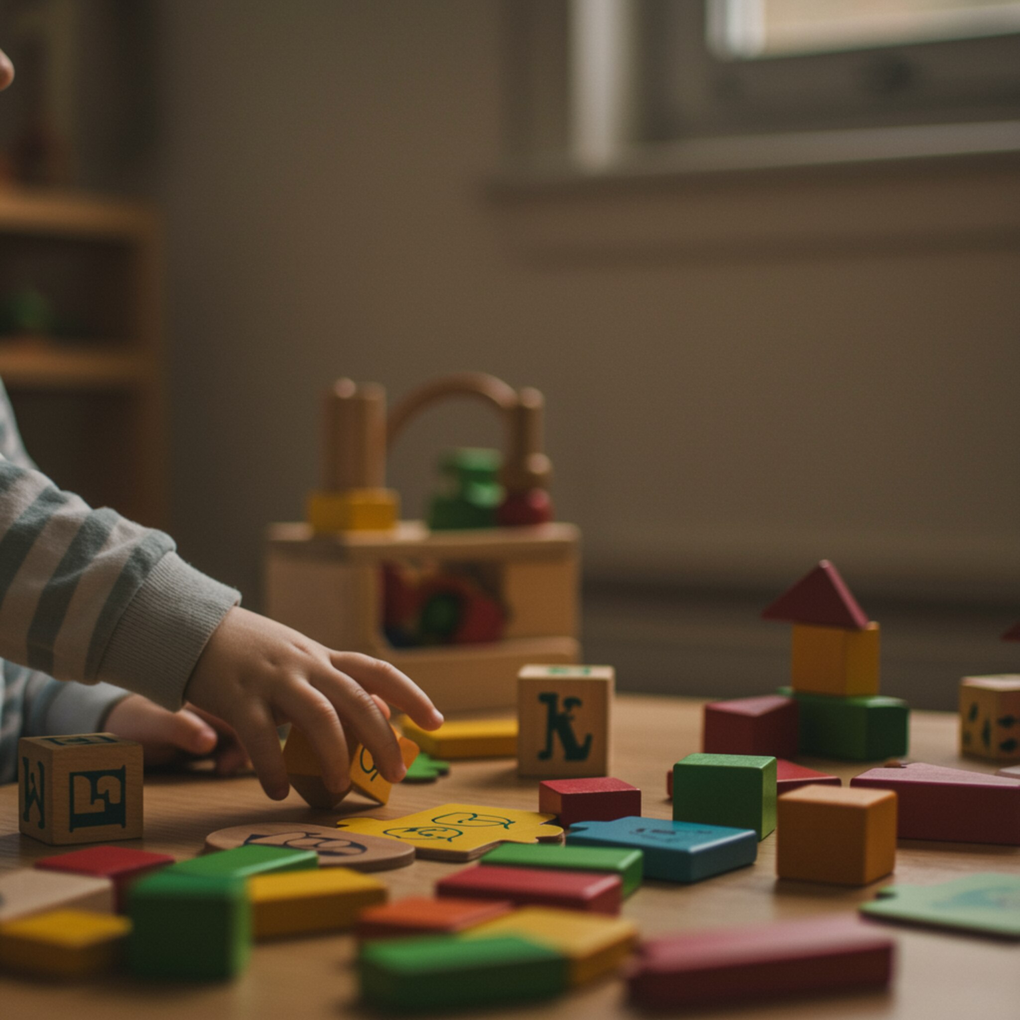 "Área de juego infantil con bloques de madera educativos y rompecabezas, donde un niño blanco alcanza un bloque, creando un ambiente cálido y divertido."