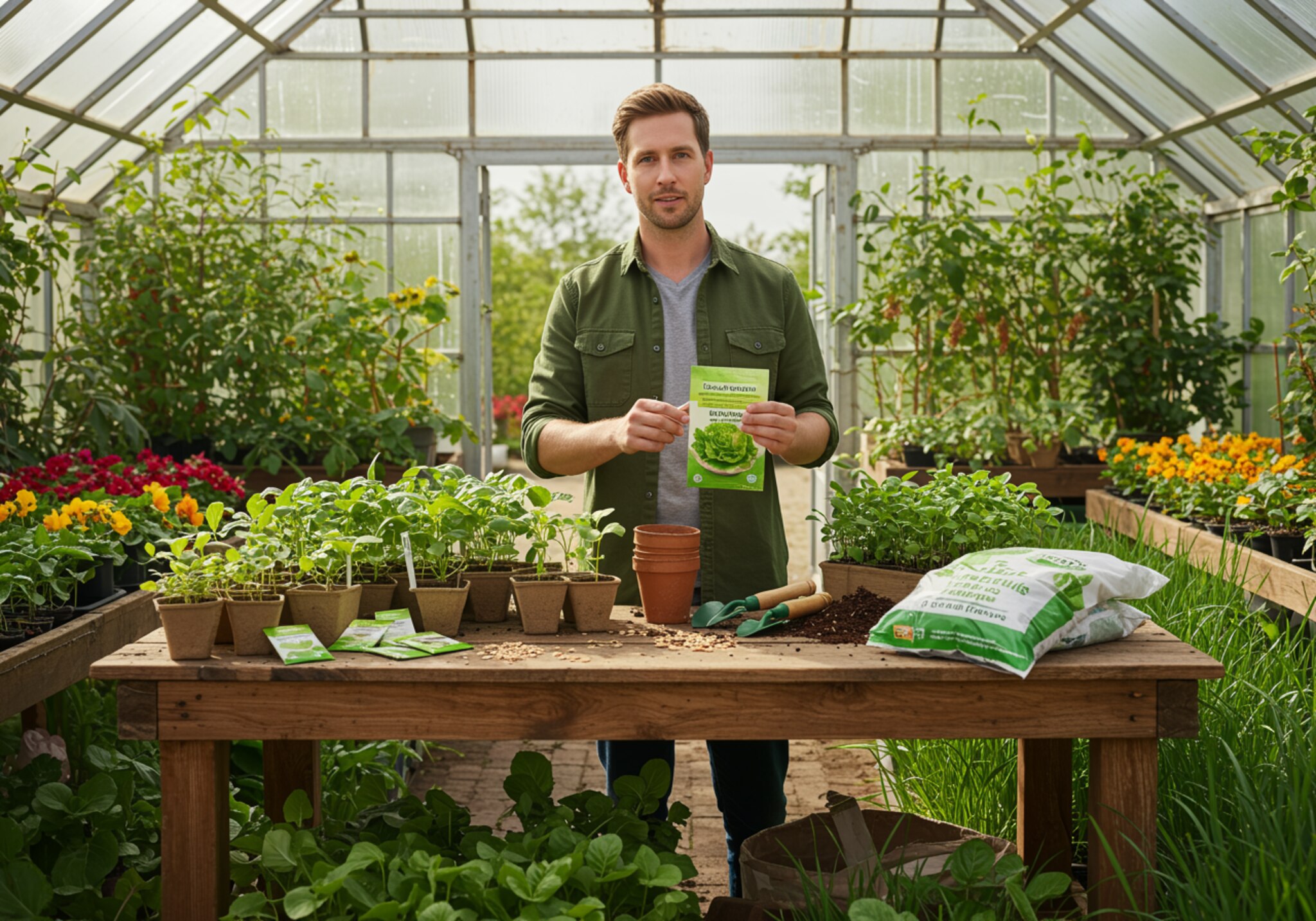 "Ilustración digital realista de un experto en jardinería sosteniendo semillas y rodeado de plantas saludables, destacando la sostenibilidad y productos de calidad en un ambiente eco-amigable."